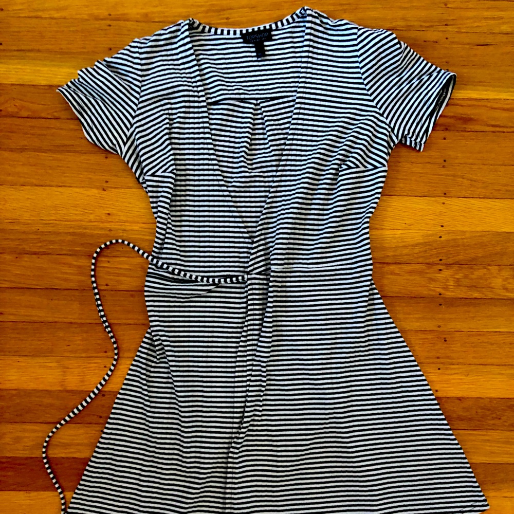 Topshop Black & White Striped Wrap Dress